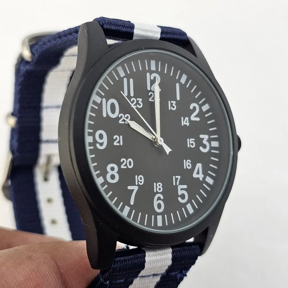 Men's Field Watch 42MM Black Case Black‎ Dial Blue White Canvas Band Straps